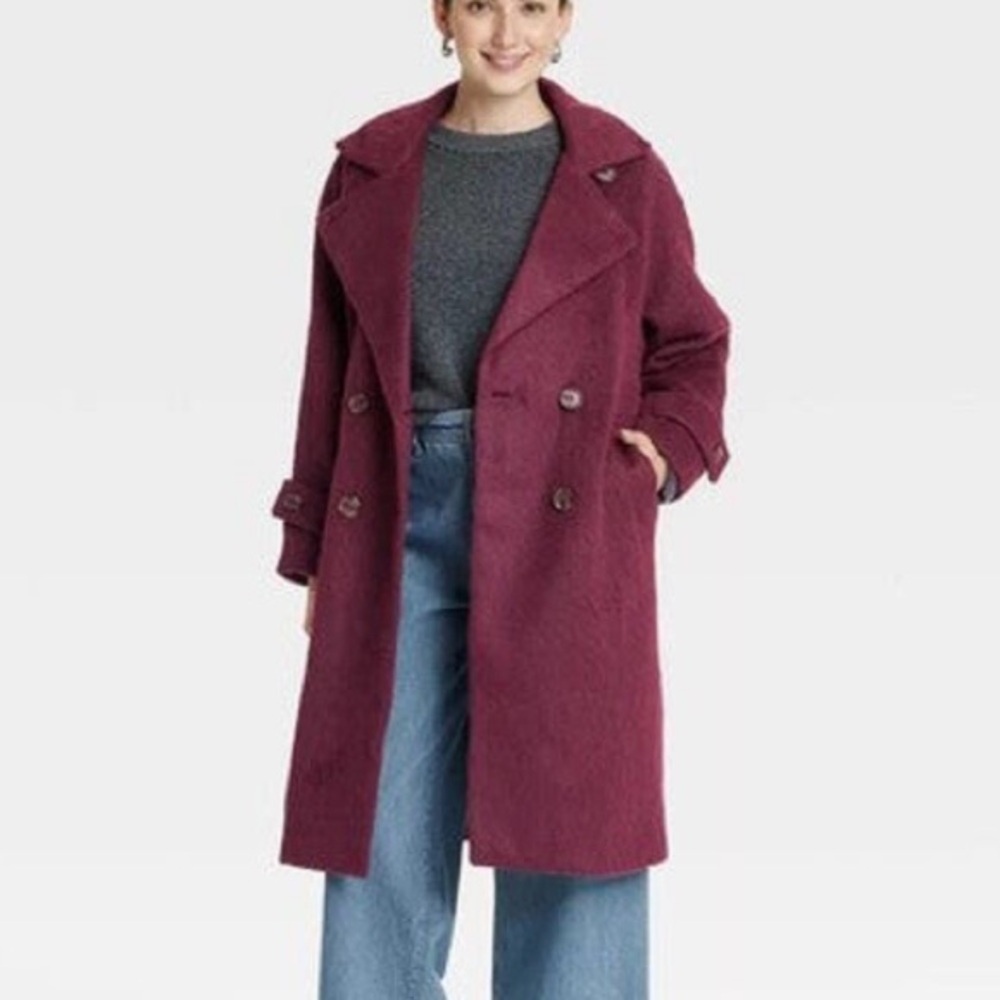 NWT • Double-Breasted Burgundy Wine Cocoon Coat - Picture 3 of 8